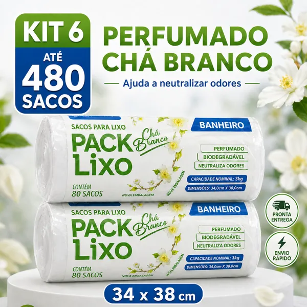 Sacos de Lixo Perfumado Chá Branco Kit Para Pia e Banheiro 34x38cm Neutraliza Odores 10L Cheiroso