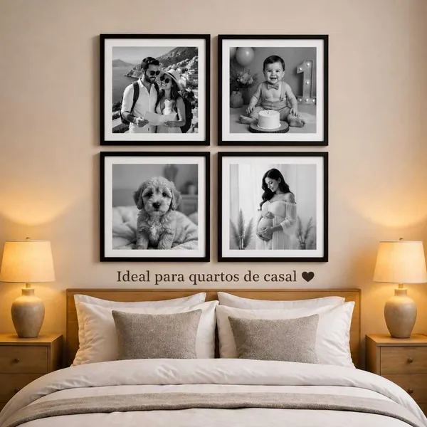 Kit 4 Quadros Personalizados com Suas Fotos – Preto e Branco Decorativo para Sala e Quarto
