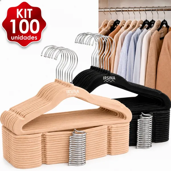 KIT Cabide Veludo 100 Unidades  Adulto Antiderrapante Slim Ultra fino Resistente