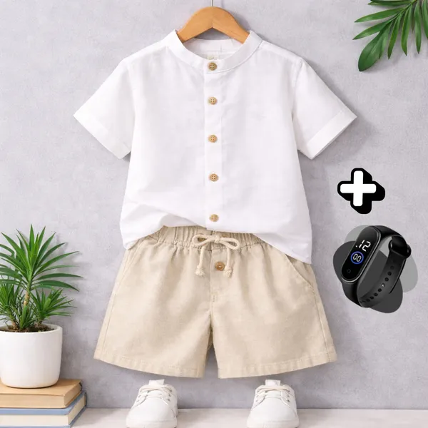 Conjunto Infantil de Verão + Brinde Linho Menino Tendência Short Mauricinho + Camisa Gola padre