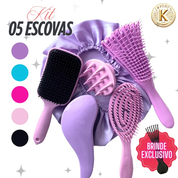 KIT 5 ESCOVAS DE CABELO  + TOUCA DE CETIM – RAQUETE FASHION, MÁGICA, POLVO, MASSAGEADORA DE SILICONE