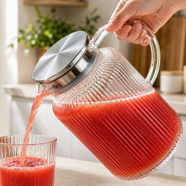 JARRA DE VIDRO COM TAMPA INOX BOROSSILICATO 1,7L LISA OU 1,5L CANELADA ÁGUA SUCO CHÁ GELADO PRATITUDO ESSENCIAL