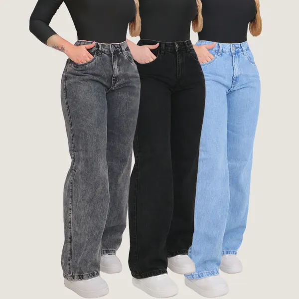 Calça Wide Leg Jeans Feminina Cintura Alta Moderna Casual Urbana Streetwear - Opções de compra com 1, 2 ou 3 peças