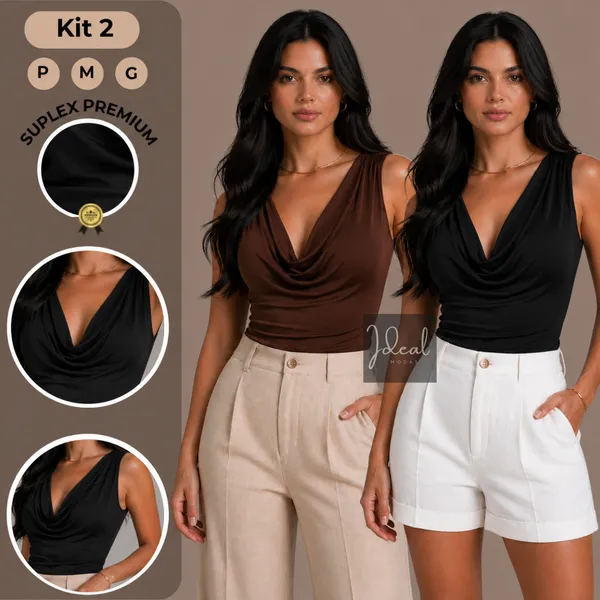 KIT 2 Blusa Feminina Regata Gola Boba Suplex Premium Regata Drapeada Blusinha Regata Verão Camisa