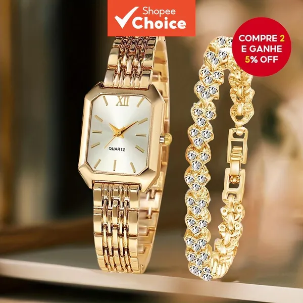 2 Pçs Feminino Retângulo Relógio De Quartzo Pulseira Conjunto Strass Moda Jóias Presente Elegante