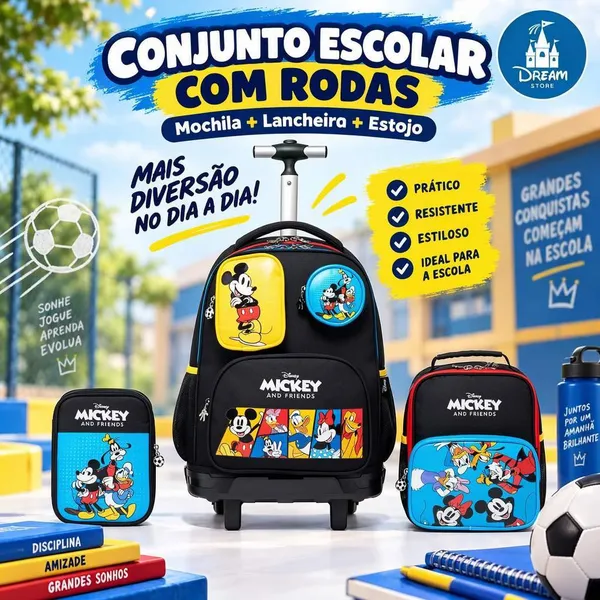 Kit Mochila Disney Rodinha Lancheira Estojo Escolar Infantil Mickey Mouse Amigos