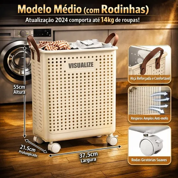 Cesto de Roupa moderno com Rodinhas e Alças cinza em Couro  – Ventilado, Dobrável e Super Prático M