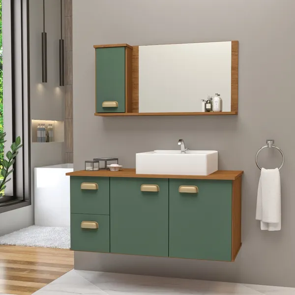 CONJUNTO GABINETE BANHEIRO LISBOA MDF 80CM COM CUBA E ESPELHEIRA