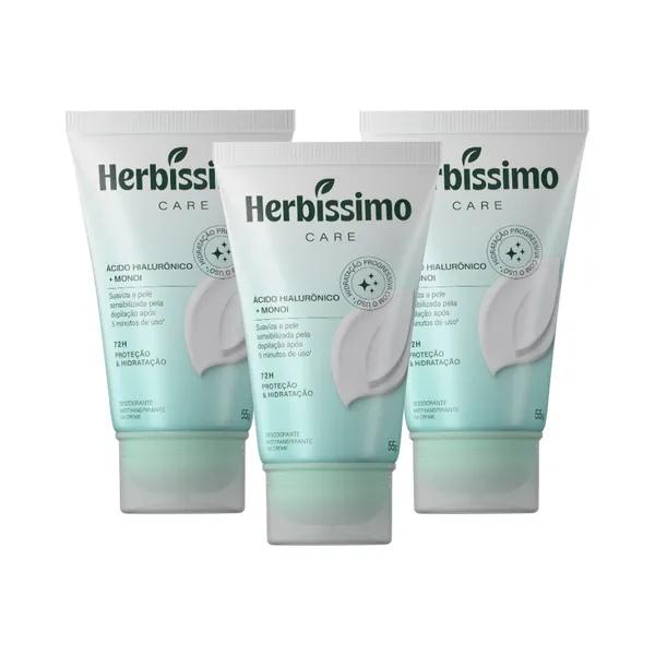Kit Creme Desodorante Antitranspirante Herbíssimo Bisnaga Care Monoi E Ácido Hialurônico 55g (3 unidades)
