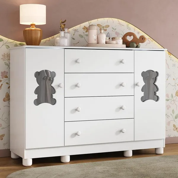 Cômoda Infantil para Bebê 125cm 2 Portas com Vidro e 4 Gavetas Fofura Multimóveis MP4485
