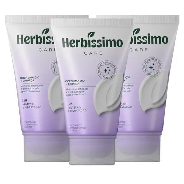 Kit Creme Desodorante Antitranspirante Herbíssimo Bisnaga Care Linhaça E Coenzima Q10 55g (3 unidades)
