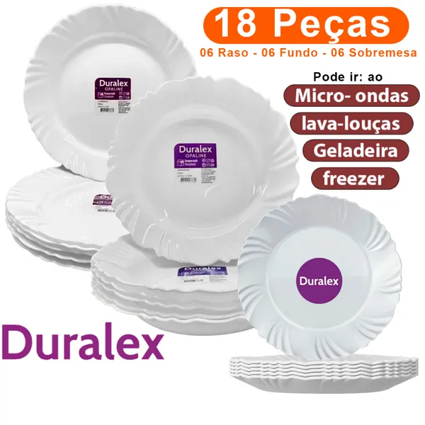 Jogo conjunto de jantar 18 Pratos Pétala Duralex Opaline 6 Fundo 6 Raso 6 Sobremesa Vidro Branco