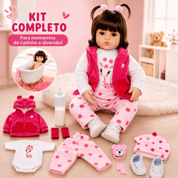 Boneca Reborn Girafinha 48cm Kit Completo com Roupinhas e Acessórios