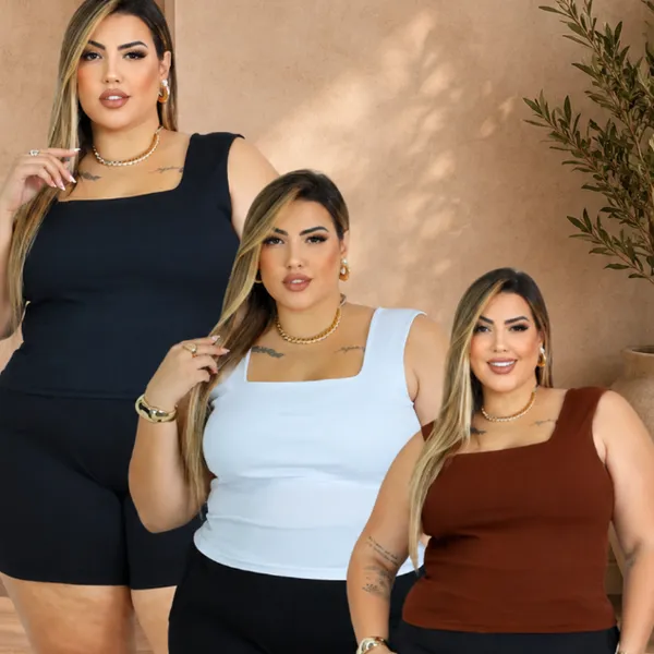 KIT 3 Blusa Regata Plus Size Social Veste 44 ao 54 Verão Chique Gola Quadrada Plus Confy Curve