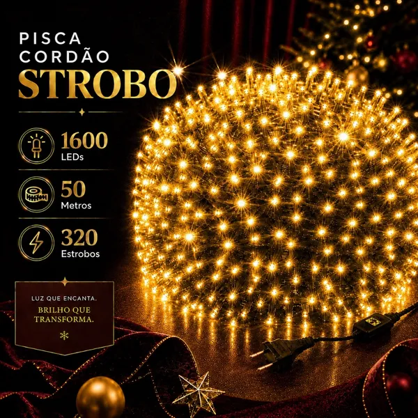 Cordão Strobo Natal 50 Metros Bivolt 1600 Leds Prova D'Água Luz Branco Quente