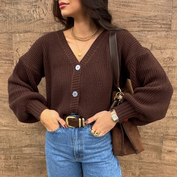 Cardigan Feminino Trico Acabamento Superior Grosso Encorpado Manga Bufante Casaco Botões Inverno