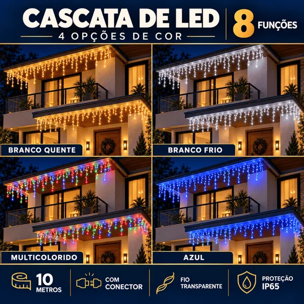 10m Cascata 400 Led 8 Funções Decoração Natal 110v 220v Conexão Macho Branco Frio Quente Pisca Pisca Enfeites de Natal