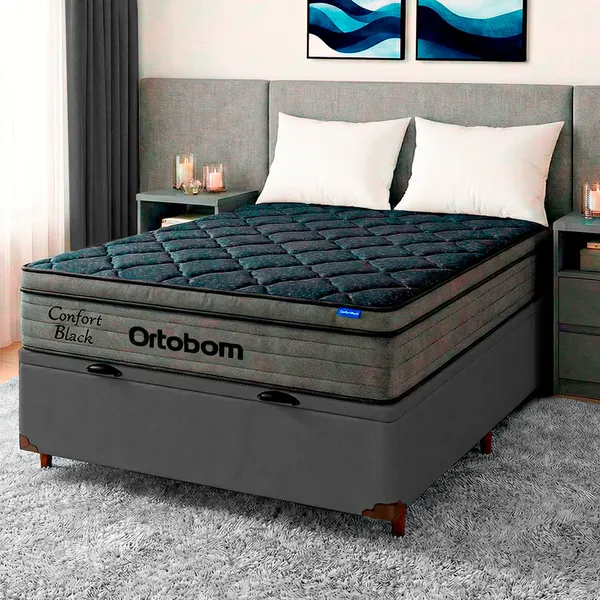 Cama Box Bau Cinza + Colchão Casal Confort Black Ortobom