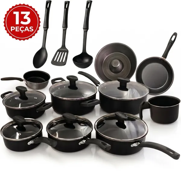 Conjunto Panelas 13 ou 10 Peças Antiaderente Teflon Tampa Vidro
