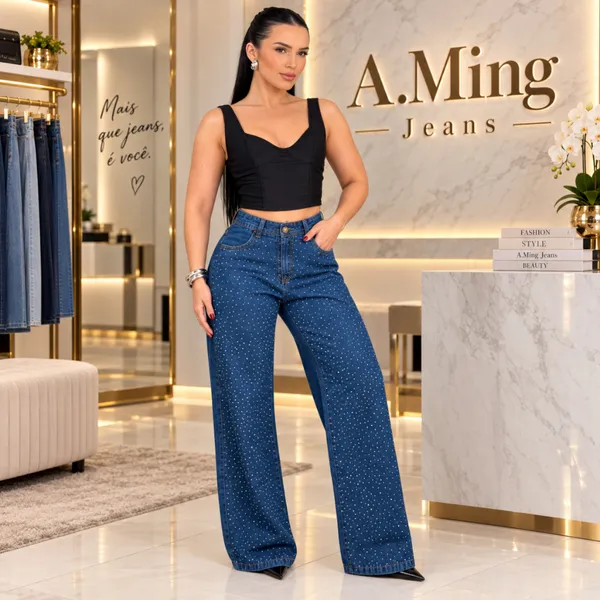 Calça Pantalona Wide Leg Jeans Feminina com Brilho Strass Pedraria Cintura Alta Tendência - A.Ming Jeans
