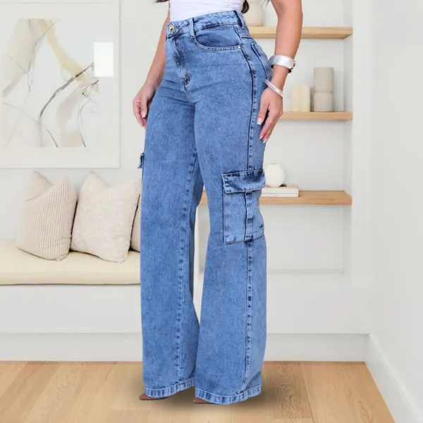 Calça Cargo Wide Leg Jeans Feminina Pantalona Cintura Alta Marmorizada 100% bolsos Tecido Grosso