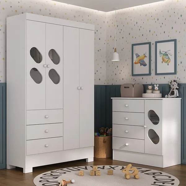 Quarto Infantil / Juvenil com Guarda Roupa e Cômoda Stella Branco