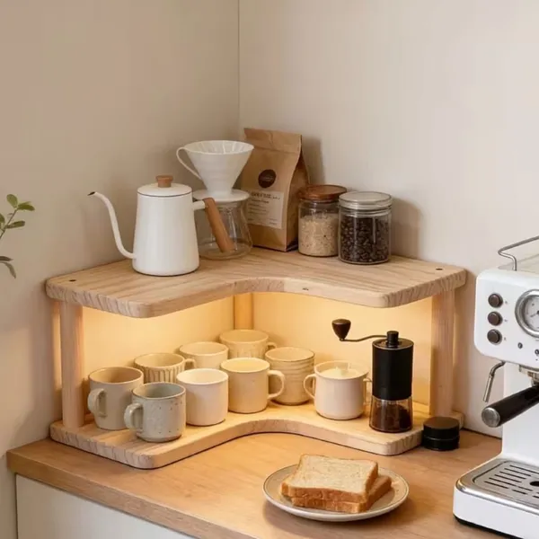Prateleira de Canto 2 Andares em Madeira Organizador para Cozinha Cantinho do Café Bancada Multiuso Decorativa