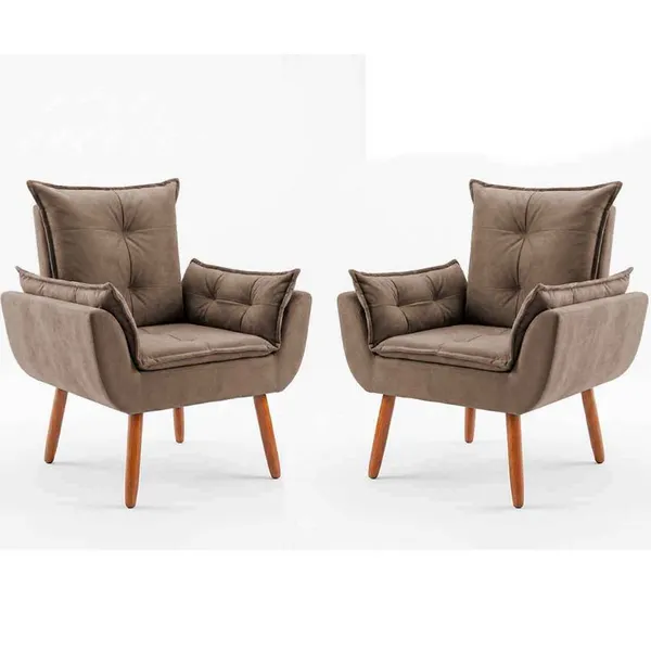 Kit com 2 Poltronas Decorativa Opala Pés Palito Premium, Reforçada, Cozinha, Quarto Suede Capuccino