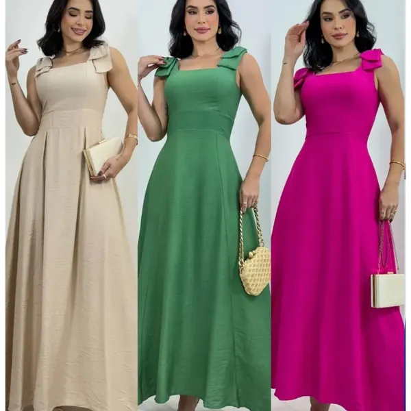 Vestido Longo com Laço no Ombro, Bojo, Forro e Elástex nas Costas – Elegância e Conforto em Cada Detalhe