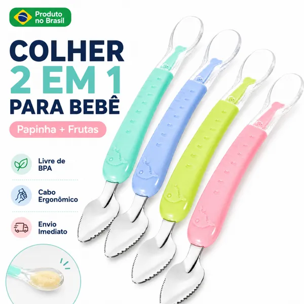 Colher Bebê 2 em 1 Raspa Fruta Silicone Inox Papinha BLW Introdução Alimentar Atóxica Maternidade 6m