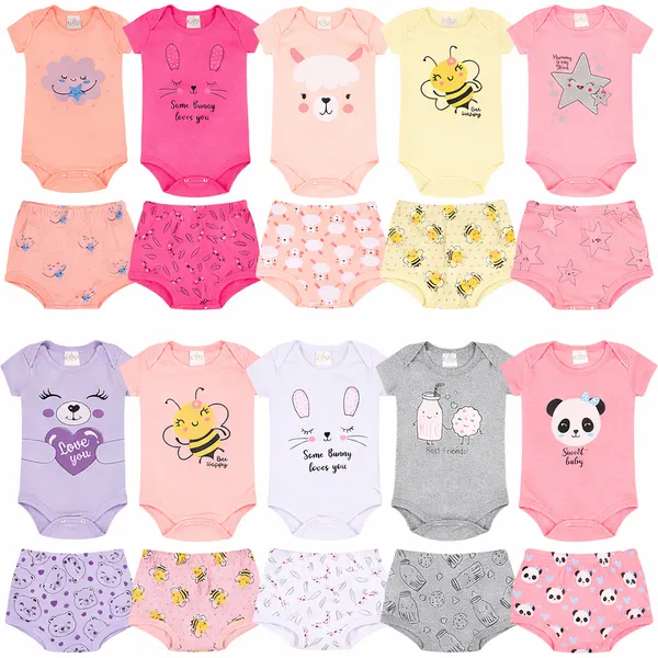 kit 10 peças body + shorts menina 5 body+5 shorts- 5 conjuntos feminino roupa infantil