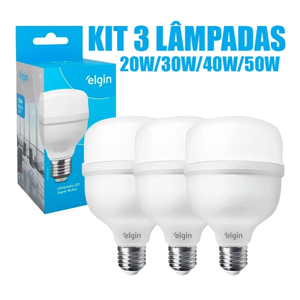 Kit 3 Lâmpadas Elgin Super Bulbo LED Alta Potência 20-50W