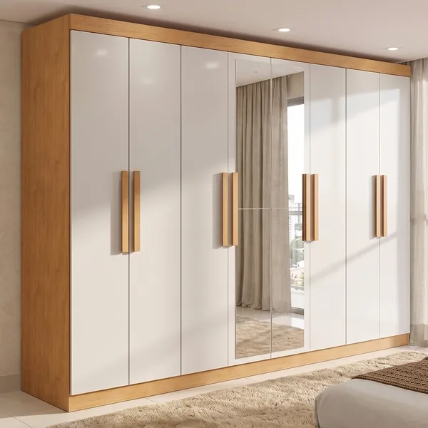 Guarda-roupa Casal Easy Slim 8 Portas Com Espelho Amendoa Clean/Off White