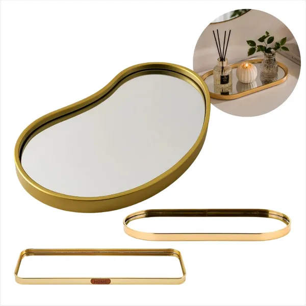 Bandeja Decorativa Moderna com Borda Dourada ou Preta e Base Espelhada em Vidro