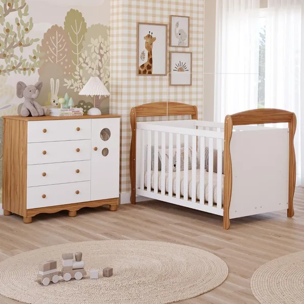 Quarto Bebê Completo Berço Americano Marquesa 3Em1 Cômoda Bolinha 4 Gavetas 1 Porta 100% MDF