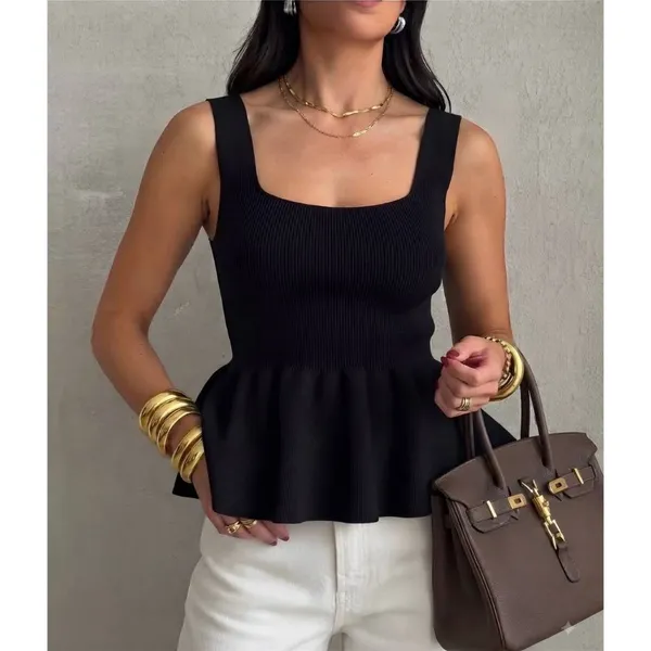 Blusa Regata Peplum Feminina em Tricô Modal com Babado