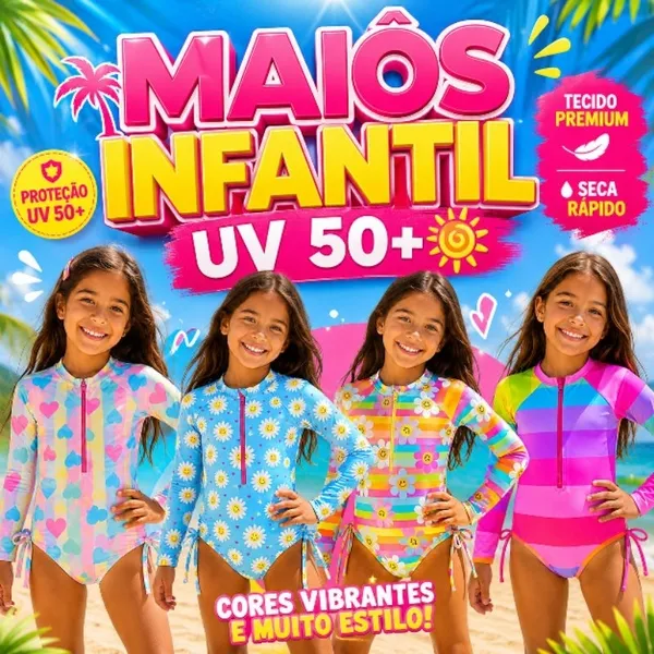 Maiô Infantil Manga Longa com Zíper UV para Natação e Praia – Biquíni Infantil Juvenil