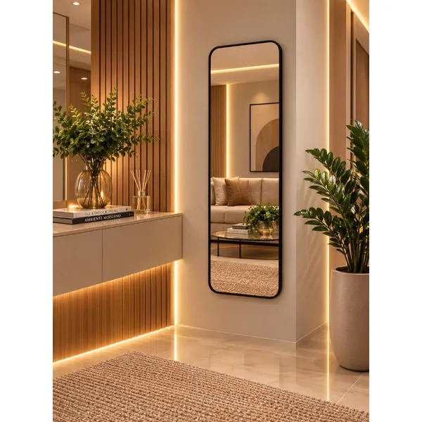 Espelho Retangular com Moldura em Couro Decorativo para Hall Closet Quarto | 100x35 90x40 70x30 50x25