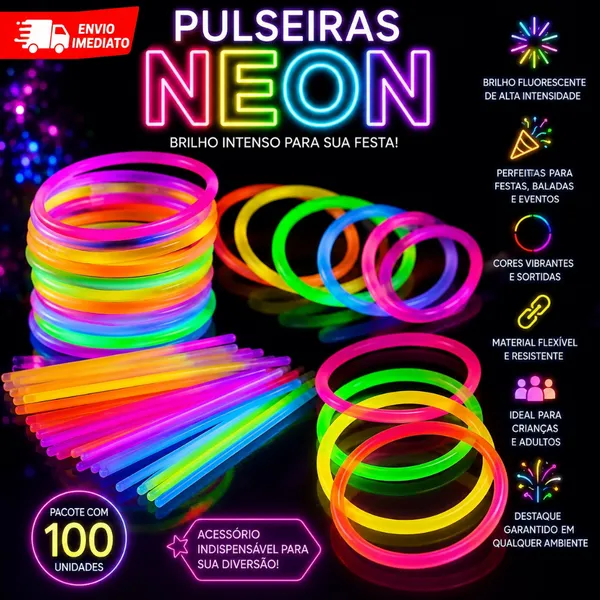 Kit com 100 Pulseiras Neon Alto Brilho Fluorescente Tubo Diversas Cores Brilha no Escuro Festas