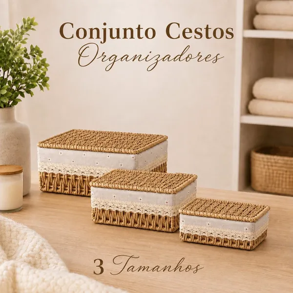 Cestos Organizadores Palha com Tampa Forro Caixa Multiuso para Banheiro Quarto Cozinha e Decoração Papel Palha Bambu