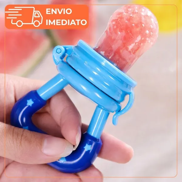 Chupeta Alimentação Infantil Mordedor Bebê Silicone Porta Frutas Introdução Alimentar Azul e Rosa