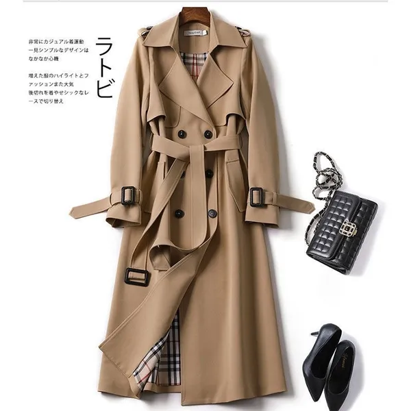 Médio Longo Cáqui trench coat Mulheres Outono Inverno Manga Comprida double breasted windbreaker Casacos Casuais