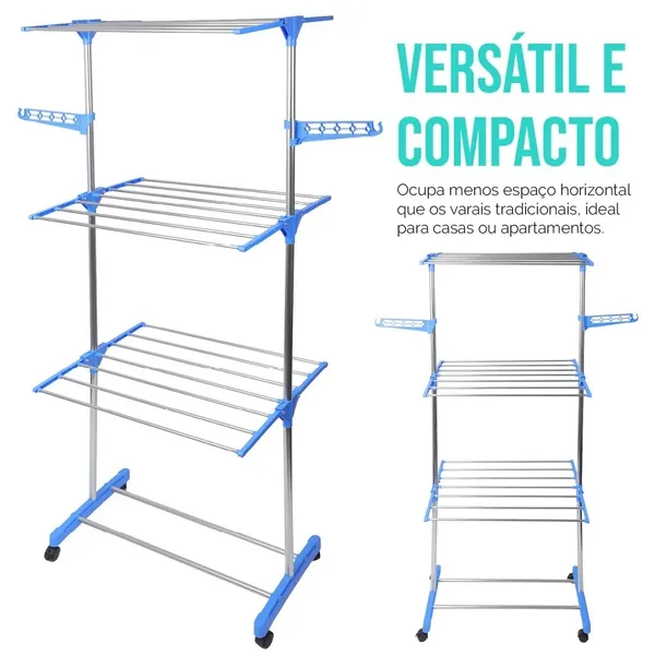 Varal De Roupa Dobrável Torre 3 Andares Com Rodas Aço Inox Vertical Azul Umbrella