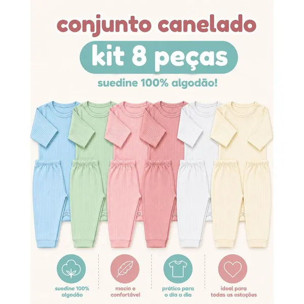 Kit 8 Peças Bebê Suedine Canelado 100% Algodão 4 Conjuntos