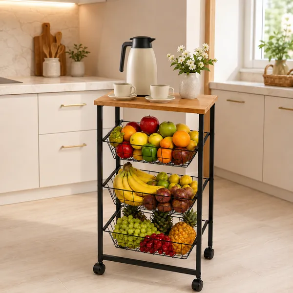 Fruteira De Chão ​3 Cestos Deslizantes Com Rodinha Em Aço Preto Mdf Amadeirado