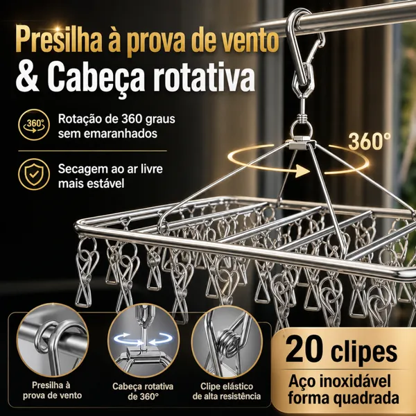 Varal Quadrado Aço Inoxidável 20 Clipes, Anti‑Vento, Cabeça Giratória 360°, Para Meias, Roupas Íntimas, Lingerie