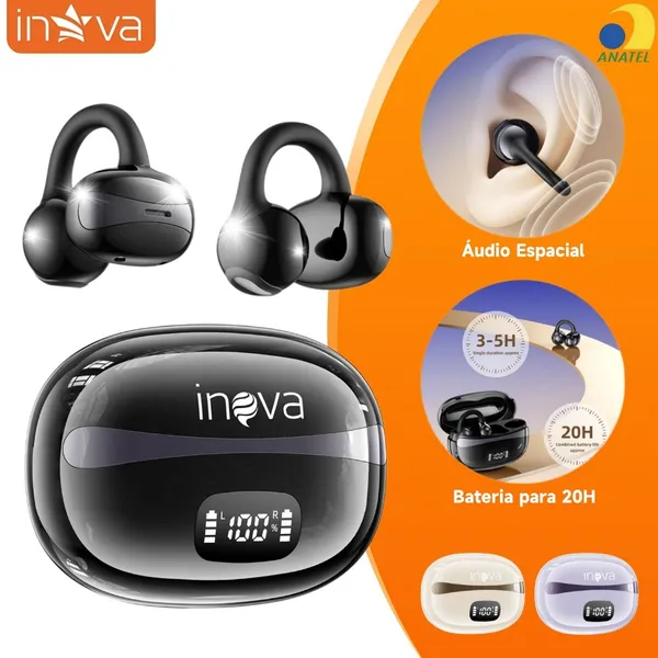 INOVA Fone Bluetooth Clip Ear Sem Fio com Microfone | Cancelamento de Ruído, Esportes e Jogos