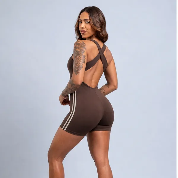 Macaquinho Iris com Listras Laterais e Costas Abertas Fitness Academia Suplex Premium