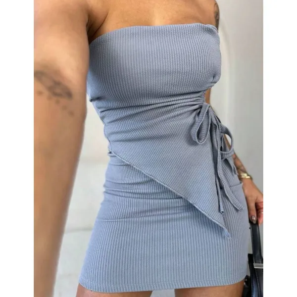 Conjunto Top Cropped tomara que caia franzido ajuste + saia Midi mini dapreada canelado Gringa