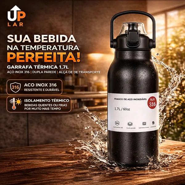 Garrafa Com Alça Para Transporte Fácil Aço Inoxidável 900ml, 1700ml Térmica Prática Versátil Confortável